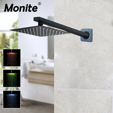 Monite 8 10 12 16 Pouces Noir Pluie de Tête de Douche Baignoire Noir Mat LED Douche W/Bras Baignoire Pluie Pomme De Douche Pommeau de Douche Carré ► Photo 1/5