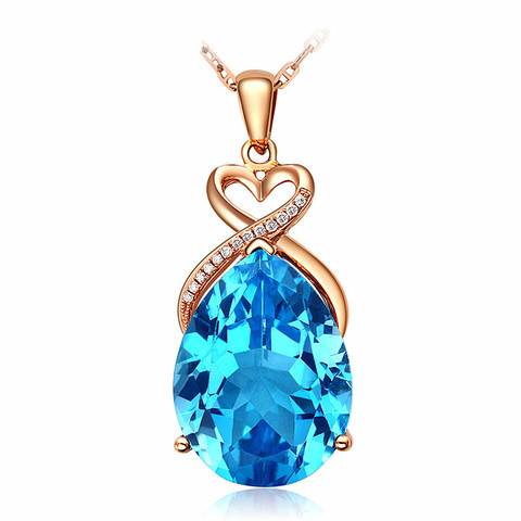 Colliers de luxe en or rose 18 carats pour femmes, aigue-marine, cristal bleu, topaze, pierres précieuses, pendentif en diamant, chaîne ras du cou, bijoux ► Photo 1/6