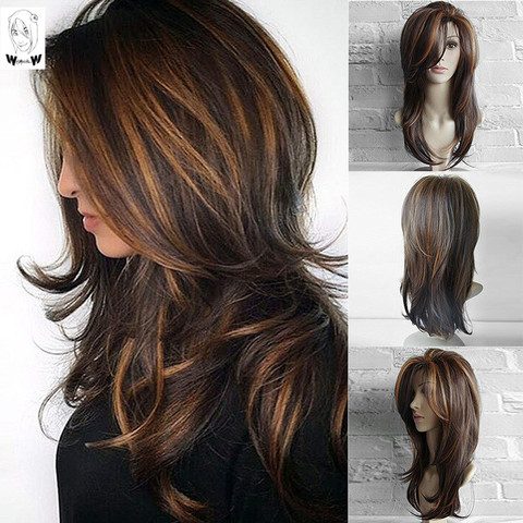 Lunatique W longue vague naturelle perruques pour les femmes Ombre brun couleur mélangée résistant à la chaleur cheveux perruque synthétique ► Photo 1/6