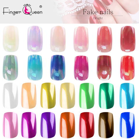 Faux-ongles en métal, artificiels, effet miroir, uv, 24 pièces par sachet, 14 couleurs, de forme carrée, courtes et longues ► Photo 1/6