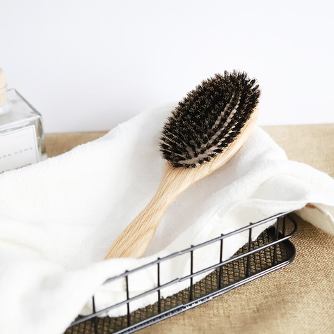 Brosse de massage démêlante en bois de chêne, vente en gros, 100% poils de sanglier, logo personnalisé pour cheveux secs et humides ► Photo 1/6