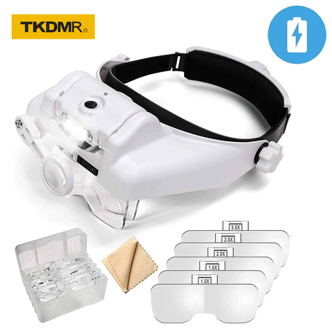 TKDMR – Loupe binoculaire montée sur la tête, rechargeable par USB, Loupe à bandeau éclairé à 3led pour la lecture ► Photo 1/6