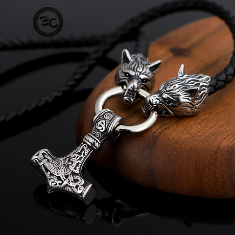 Colliers tête de loup celtique en acier inoxydable pour hommes, ancre Viking, pendentif marteau Mjolnir, chaîne en cuir, bijoux amulette nordique végétvisir ► Photo 1/6