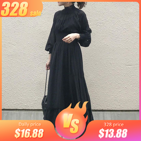 Mode femmes robe noire à manches longues à volants une ligne taille haute femme coréenne une pièce doux bureau dame printemps Maxi robe ► Photo 1/6