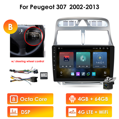 Autoradio Android 10, navigation GPS, WiFi, Bluetooth, 4G, lecteur multimédia, 2din, pour voiture Peugeot 307, 307CC, 307SW (2002 – 2013) ► Photo 1/6