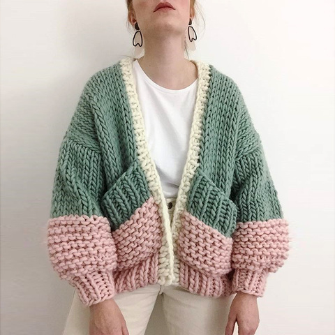 Cardigan à manches bouffantes pour femme, fait à la main, inspiré du Boho, chaud, d'hiver, pull, nouvelle mode, tricot, vêtements d'extérieur ► Photo 1/6