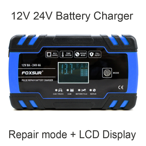 FOXSUR voiture moto chargeur de batterie 12V 8A 24V 4A Smart charge rapide pour AGM GEL humide EFB chargeur de batterie au plomb ► Photo 1/6