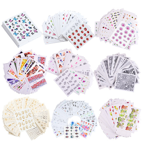 1 ensemble d'autocollants aux designs variés pour Nail-Art, à enveloppement dans l'eau, motif doré, argenté, pailleté ou floral, accessoire décoratif pour manucure pour les ongles ► Photo 1/5