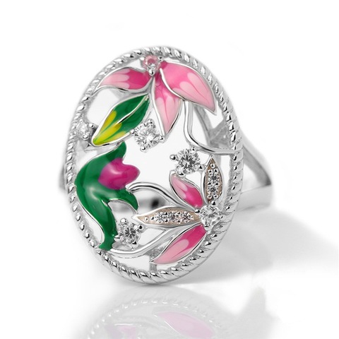 Femmes magnifique émail fait main fleur de Lotus fleur feuille anneaux brillant cubique zircone évider Unique Vintage anneaux pour femme ► Photo 1/4