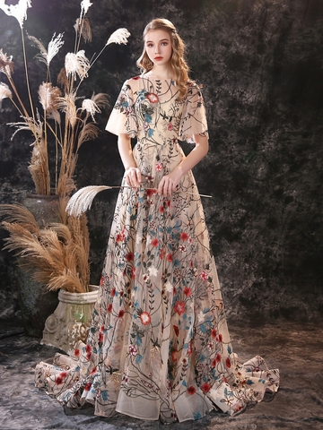 Robe de soirée longue brodée à fleurs, en Tulle coloré, manches courtes, tenue de bal romantique, 2022 ► Photo 1/6