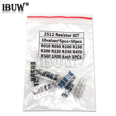 Kit d'échantillons de résistance SMD 1% 2512, 50 pièces, 10 valesex5 pièces = 50 pièces, 1R00 R500 R470 R330 R220 R200 R150 R100 R050 R010 ► Photo 1/2