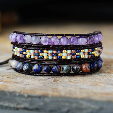 Bracelets enroulés en cuir noir Cool avec pierre naturelle, Bijoux pour femmes, perles bohème ► Photo 1/4