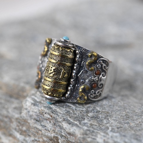 Bague Vintage pour hommes en argent Sterling S925, bijou bouddhiste à Six mots, Punk rotatif, Cool, ajustable ouvert ► Photo 1/6