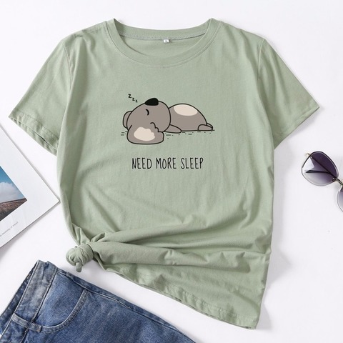 Femmes été à manches courtes 100% coton T chemise de grande taille S-5XL surdimensionné paresseux sommeil Koala imprimer T-shirt style décontracté col rond dame T-shirt ► Photo 1/6