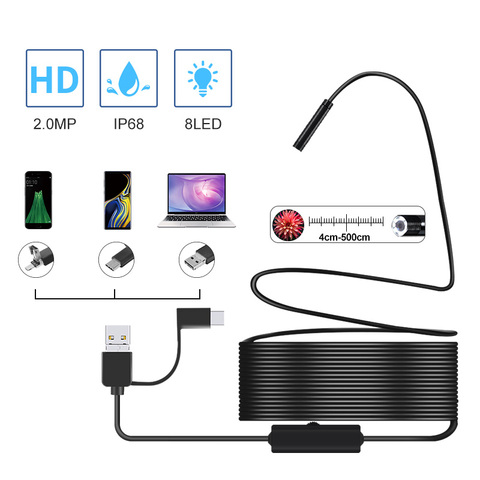 Caméra Endoscope USB 2.0mp Semi-rigide IP67, étanche, avec 8 LED, pour Android, MacBook et PC Windows (3CM-5M) ► Photo 1/6