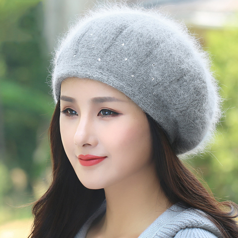 Chapeau Beret pour femmes | Chapeau tricoté Angora strass Double couche, accessoire de ski thermique en plein air neige, casquette, couvre-chef ► Photo 1/6