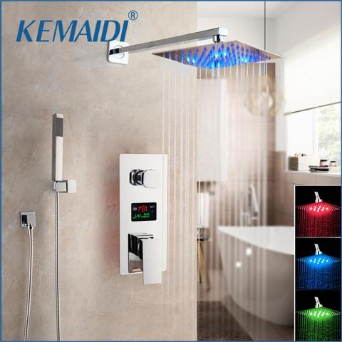 KEMAIDI Chrome fini LED pomme de douche affichage numérique mitigeur robinets salle de bain douche robinet 2 fonctions numérique douche robinets ensemble ► Photo 1/6