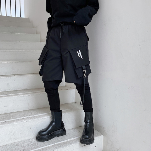 Pantalon Cargo pour hommes, faux deux pièces, Hip Hop, broderie, cordon de serrage, ruban, multi-poches, Techwear, Harem ► Photo 1/6