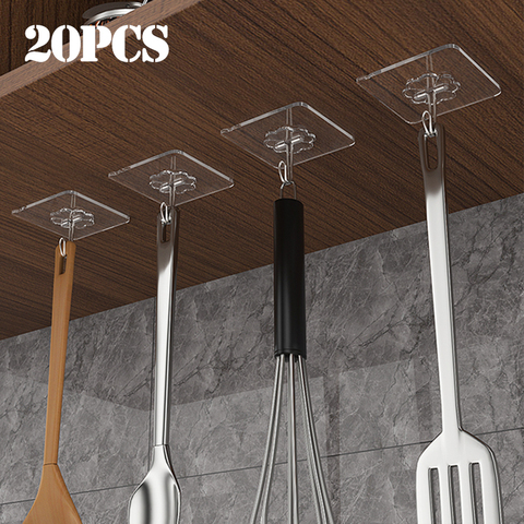 20 pièces Transparent fort auto-adhésif porte cintres muraux crochets aspiration lourde charge support ventouse pour cuisine salle de bain ► Photo 1/6