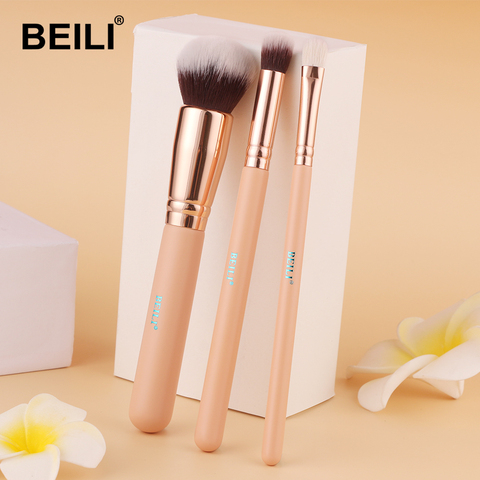 BEILI rose 3 pièces fond de teint synthétique et cheveux de chèvre correcteur Smoky ombre à paupières petit ensemble de pinceaux de maquillage ► Photo 1/6