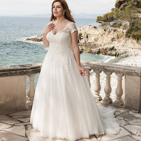 Modeste V-cou Cap Manches De Mariage Robes De Grande Taille Une Ligne Robes De MARIÉE En Tulle Dentelle Appliques Robe De Mariee Adapté Aux Besoins Du Client ► Photo 1/6