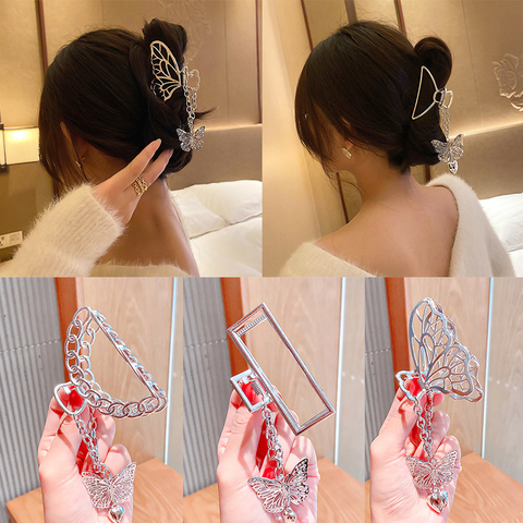 Nouvelle chaîne papillon pendentif griffe de cheveux pour les femmes mode géométrique creux couleur argent pinces à cheveux en métal Barrette cheveux accessoires ► Photo 1/6