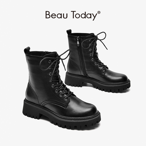 BeauToday – bottines à plateforme en cuir de vache pour femme, chaussures à lacets et fermeture éclair, bout rond, semelle épaisse, faites à la main, automne et hiver, 04420 ► Photo 1/6