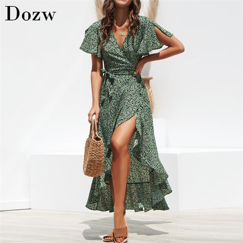 Été plage Maxi Robe femmes imprimé fleuri Boho longue Robe en mousseline de soie volants enveloppement décontracté col en v fendu Sexy Robe de soirée Robe ► Photo 1/6