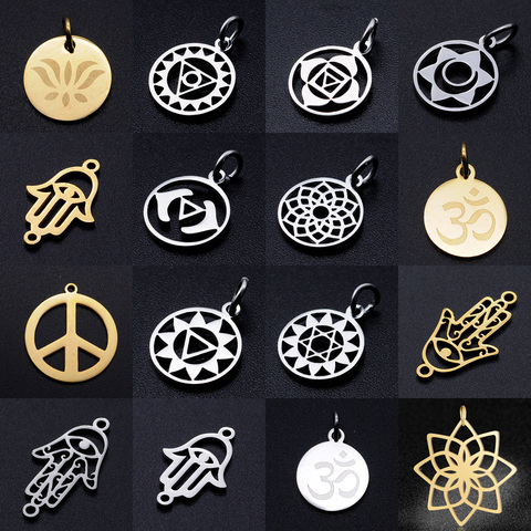 Hamsa – breloques en acier inoxydable pour la fabrication de bijoux à la main, 5 pièces/lot, breloques pour la fabrication de bijoux, Lotus 7 Chakra, pendentif pour collier OM Yoga, vente en gros ► Photo 1/6