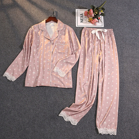 Accueil vêtements femmes été deux pièces costume Pyjamas glace soie Satin vêtements légers imprimer dentelle Pyjamas vêtements de nuit ensemble de salon ► Photo 1/6