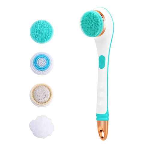 Masseur électrique brosse de bain en Silicone, épurateur de dos, 4 têtes de brosse de douche rotative Rechargeable par USB 2 vitesses à Long manche ► Photo 1/6