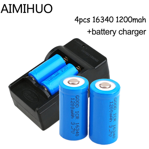Batterie lithium-ion Rechargeable, 4 pièces, 16340 V, 3.7 mAh, CR123A, pour lampe de poche LED, torche + chargeur mural de voyage, pour CR123, 1200 ► Photo 1/6