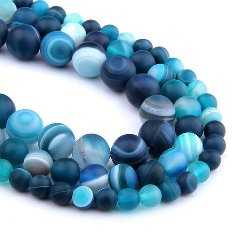 Perles en pierre naturelle mate de 6, 8, 10 MM, rayures bleues polies, Agates, bricolage, entretoise, amples, pour la fabrication de bijoux, bracelet ► Photo 1/6