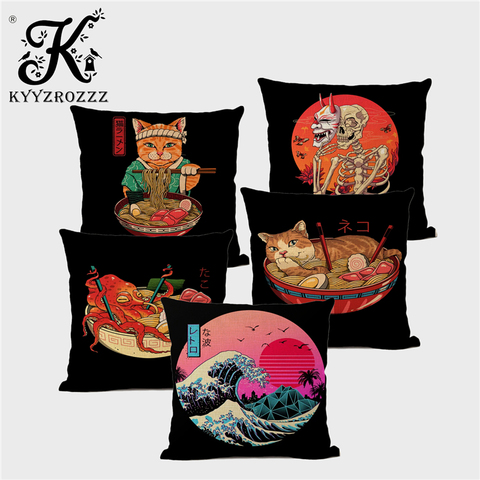 Housse de coussin décorative de Style japonais japon Fujisan sanctuaire mignon japonais Ramen thé chat poulpe haute qualité taie d'oreiller Cojines ► Photo 1/6