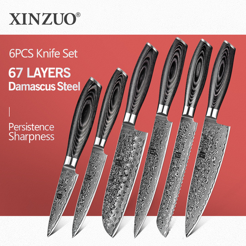 XINZUO – ensemble de 6 couteaux de cuisine japonais, 67 couches, haute teneur en carbone, VG10, damas, Chef Santoku, manche en bois, Pakka ► Photo 1/1