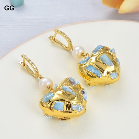 GG-boucles d'oreilles en forme de coeur, Larimar bleu naturel, bijou en plaqué or, Larimar bleu naturel, tendance en forme de cœur, pour femmes ► Photo 1/6