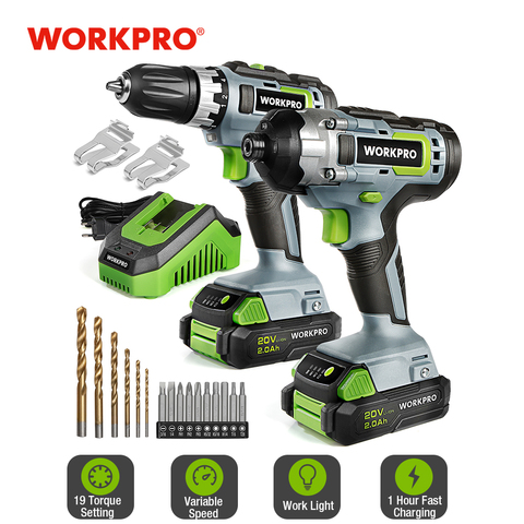 WORKPRO – perceuse compacte sans fil 20V Li-ion, 21 pièces, ensemble de pilotes et de pilotes d'impact comprenant 2 Batteries à charge rapide, outil électrique ► Photo 1/6