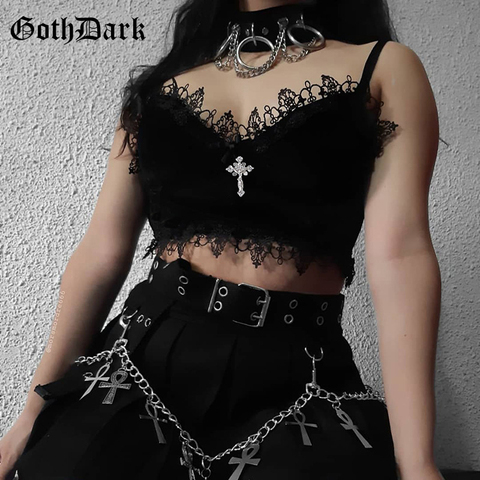 Goth Dark – camisole gothique Harajuku en velours, garniture en dentelle noire, Emo, haut court esthétique, dos nu, bretelles Sexy, pour femmes ► Photo 1/1