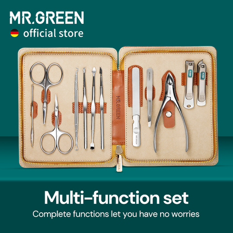 MR.GREEN ensemble de manucure 12 en 1 Kit de fonction complète ensembles de pédicure en acier inoxydable professionnel avec étui Portable en cuir idée cadeau ► Photo 1/5