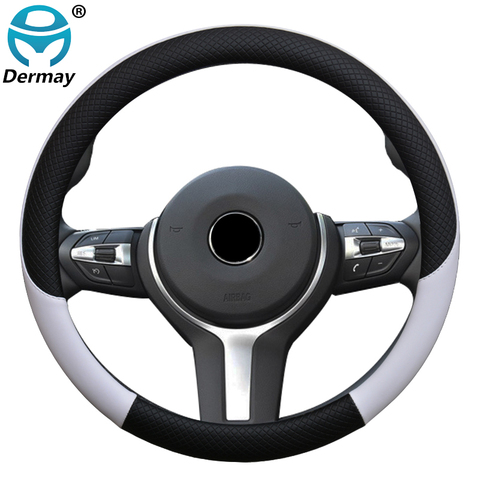 100% DERMAY marque cuir universel housse de volant de voiture 37CM-38CM voiture-style Sport Auto couvre-volant anti-dérapant ► Photo 1/6