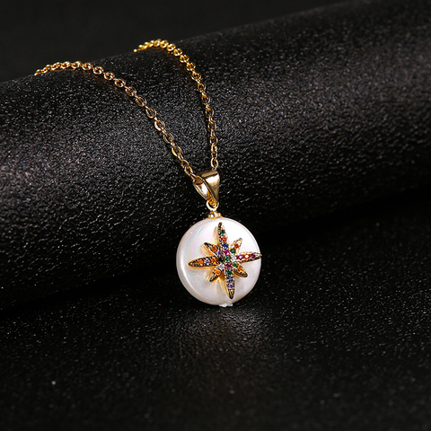 Collier pendentif en Zircon coloré à coquille d'or pour femmes, bijou à Six points, breloque, belle fille, à la mode ► Photo 1/6