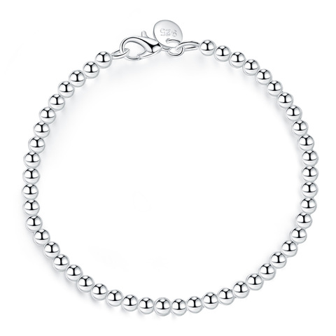 100% 925 solide véritable argent Sterling mode 4mm perles chaîne Bracelet pour femmes 20cm pour adolescentes filles dame cadeau femmes beaux bijoux ► Photo 1/6