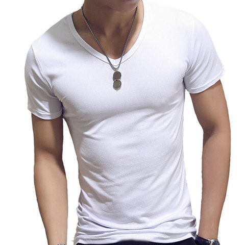 T-Shirt manches courtes col en V pour homme, vêtement de Fitness, décontracté, couleur unie, grande taille, Slim, en Polyester, été ► Photo 1/6