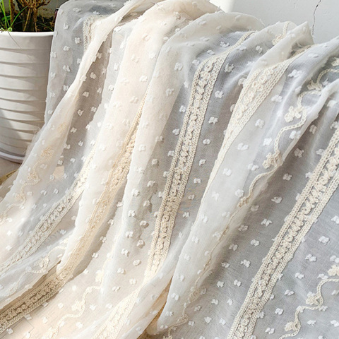 Tissu en mousseline de soie à rayures blanches et beiges, broderie jacquard suisse à pois, Tulle pour robe chemise au mètre ► Photo 1/6