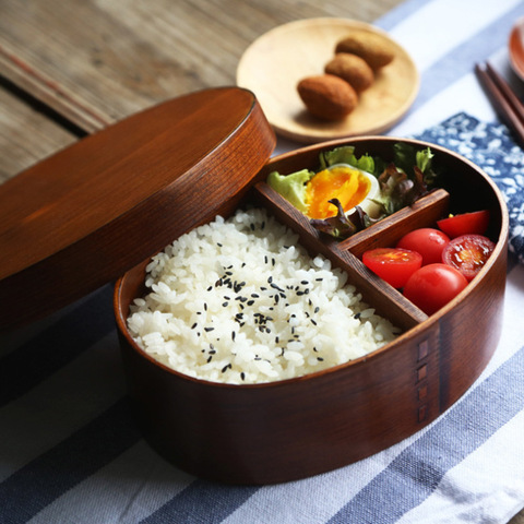 Bento boîte Style japonais en bois boîte à déjeuner pique-nique aliments conteneurs pour l'école enfants vaisselle ensemble avec sac et cuillère fourchette baguettes ► Photo 1/5