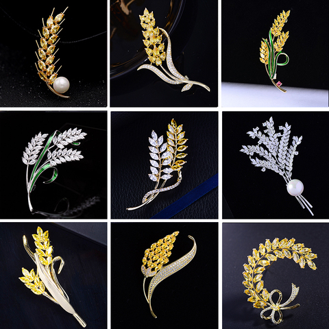 OKILY délicat beaucoup de Style hiver pardessus pull accessoires de noël pour les femmes bijoux jaune Zircon blé plante broche ► Photo 1/6