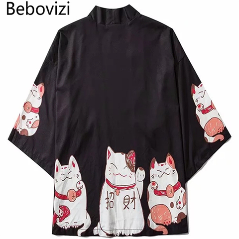 Bebovizi japon Style vêtements hommes été Streetwear chat imprimé Kimono Cardigan mandarine Robe hommes unisexe japonais tendance Kimonos ► Photo 1/6