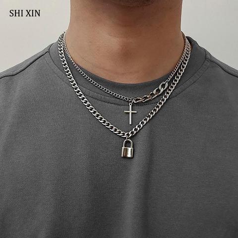 SHIXIN-ensemble de 2 pièces/collier à couches, chaîne avec pendentif en croix/serrure, pour femmes/hommes, ras du cou, Punk, bijoux à la mode, 2022 ► Photo 1/6