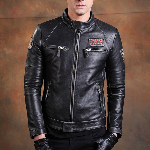 Livraison gratuite, Biker marque style Vintage hommes de qualité en cuir véritable veste mince 100% naturel peau de vache manteau. Vêtements en cuir ► Photo 1/6