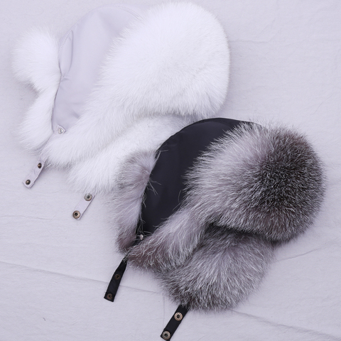 SUPPEV & STTDIO-chapeau pour femmes 100% en vraie fourrure de renard en argent naturelle, chapeaux Ushanka russes épais, oreilles chaudes, à la mode, bonnet de bombardier, pour l'hiver ► Photo 1/6